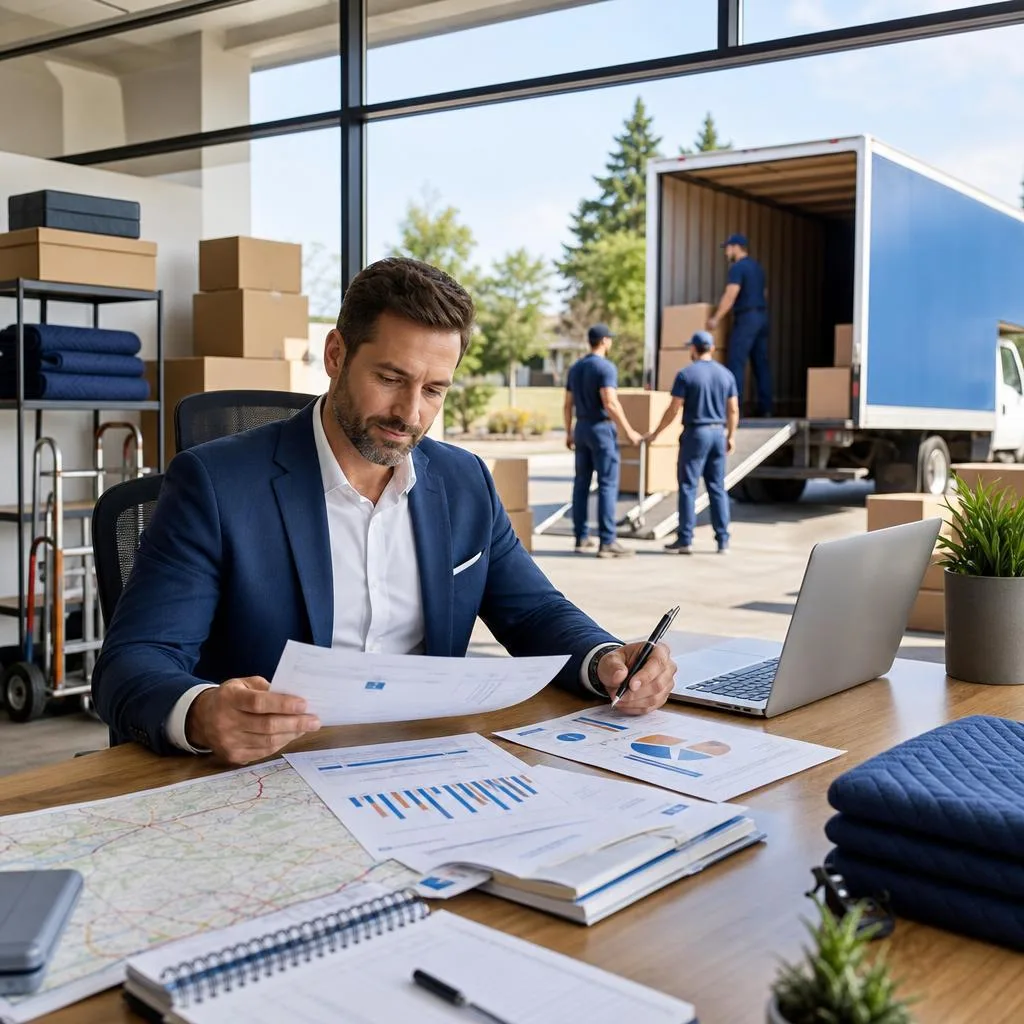 A professional business planning scene for a modern moving company: a confident business owner reviewing financial charts, ro