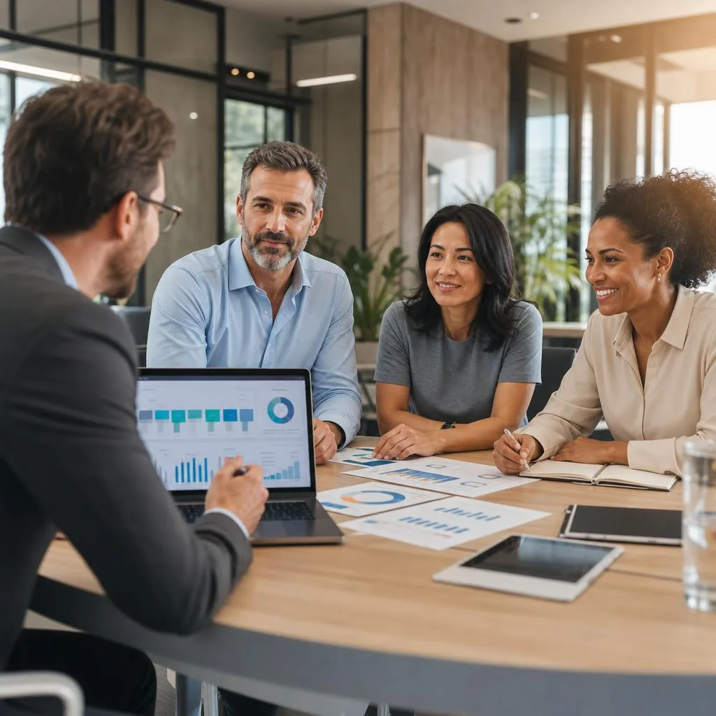 A professional modern business scene showing a diverse small-business leadership team working with a sales consultant around