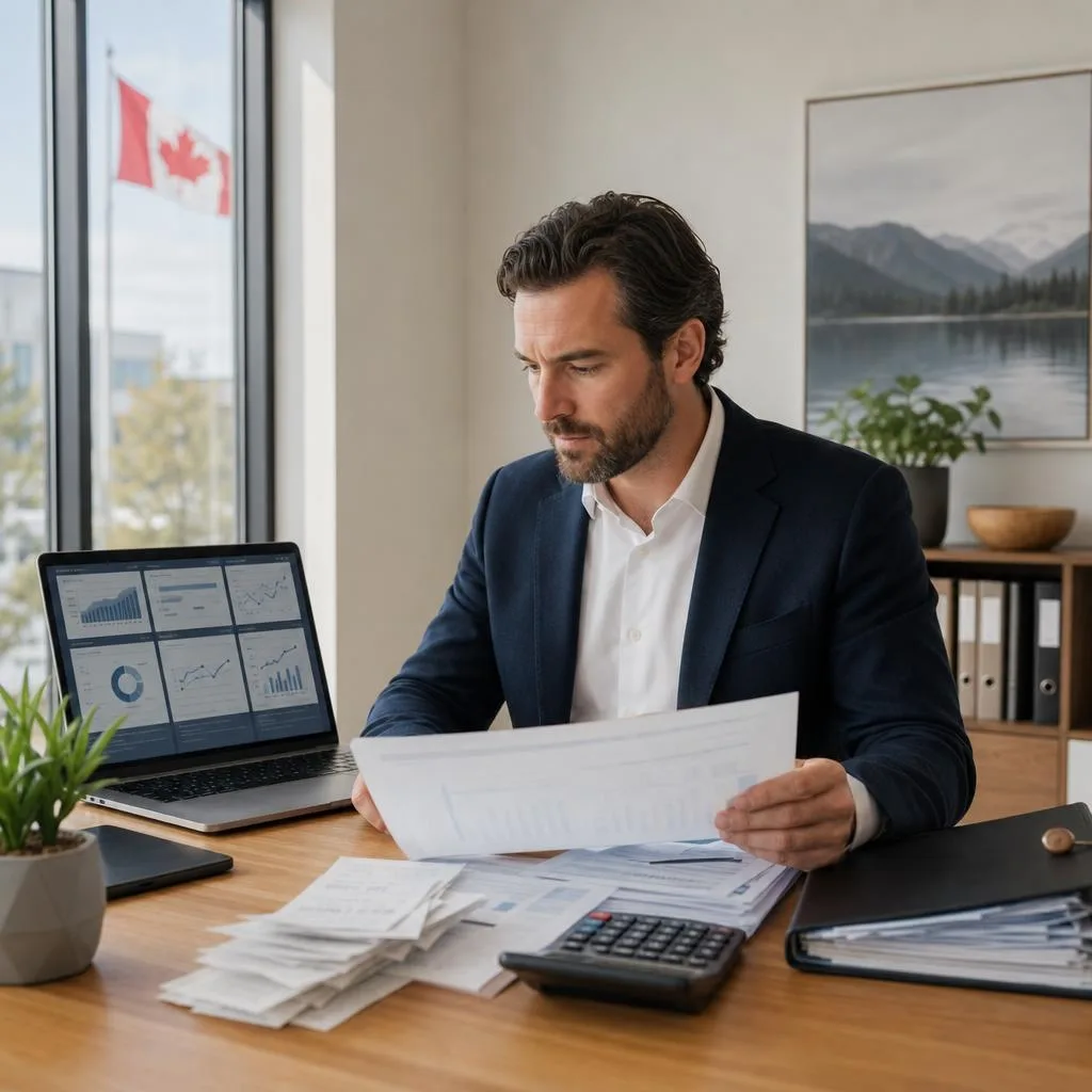 A professional Canadian small business owner reviewing financial reports and cash-flow charts at a modern office desk, with a