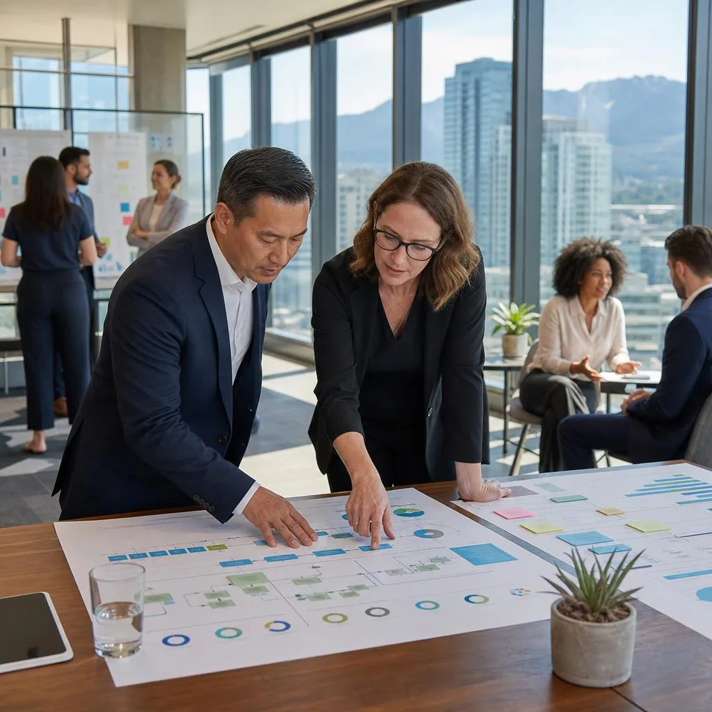 professional editorial photograph of a confident business owner and strategic consultant reviewing a large operating plan and