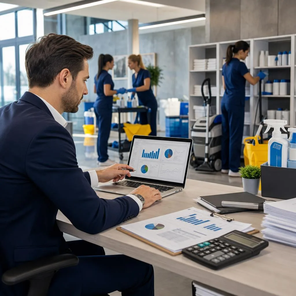 A professional scene inside a modern cleaning company office, with a business owner reviewing clear financial charts and job