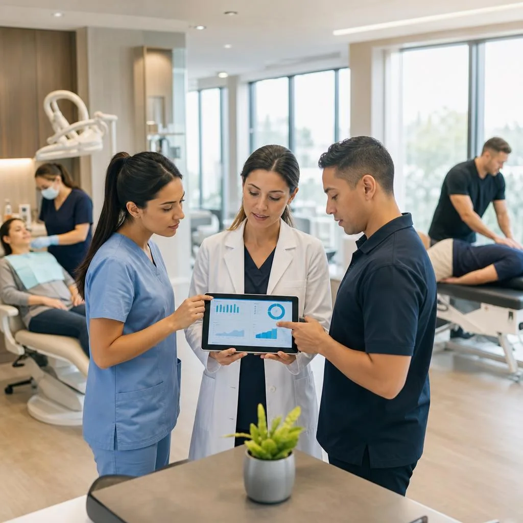 A professional modern healthcare clinic with a physiotherapist, dental professional, and chiropractic team member collaborati