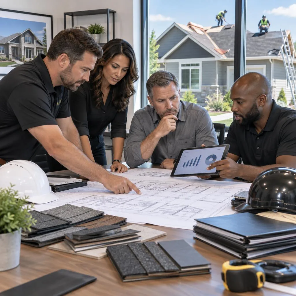 A professional roofing business operations scene showing a diverse roofing management team gathered around a large table with