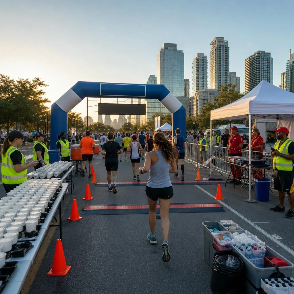 A professional race-day scene at a modern city running event during early morning light, with runners moving through a clearl
