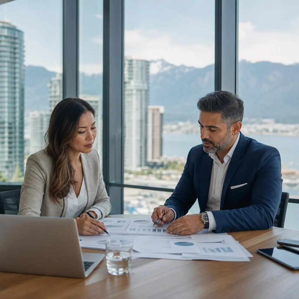 A professional modern business coaching session in a bright Vancouver office with floor-to-ceiling windows overlooking a subt