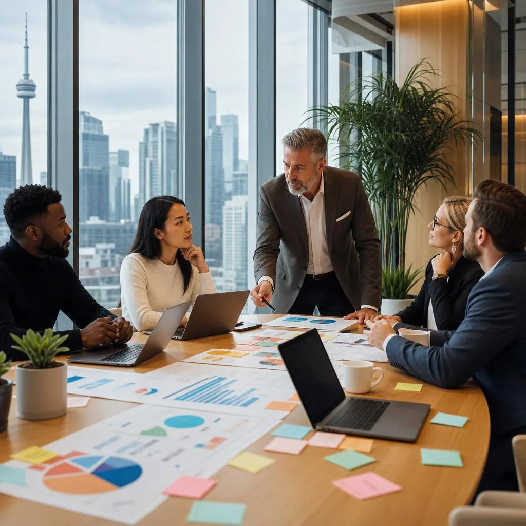 A professional business scene in a modern Canadian office, showing a diverse small-business leadership team gathered around a
