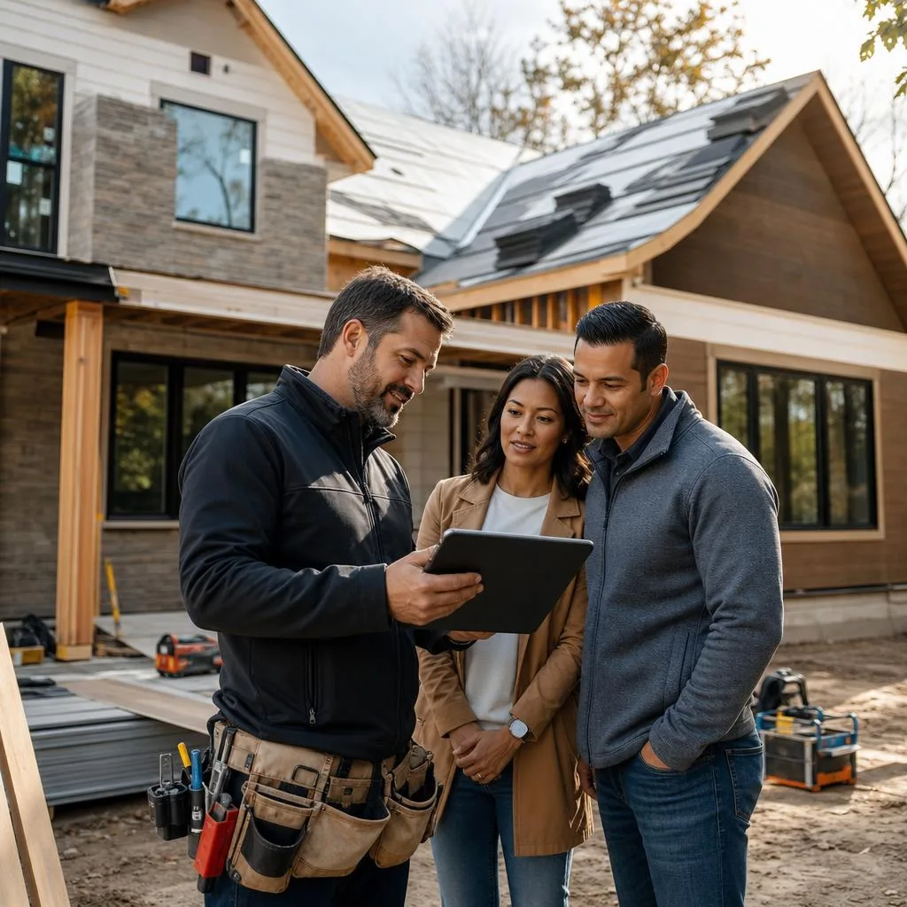 A professional construction business scene showing a confident contractor in a clean branded work jacket meeting homeowners a