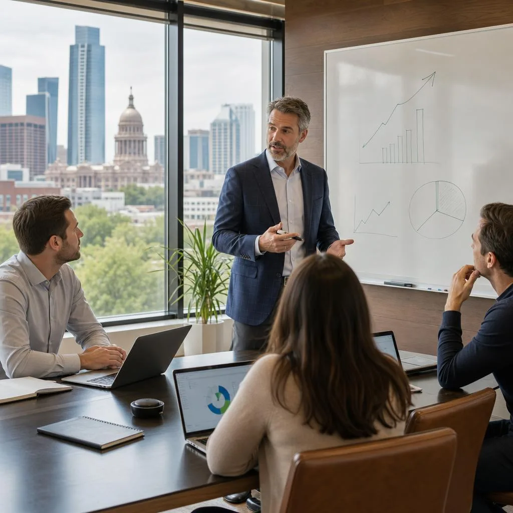 A professional modern office scene in Austin, Texas, showing an experienced fractional chief marketing officer advising a sma