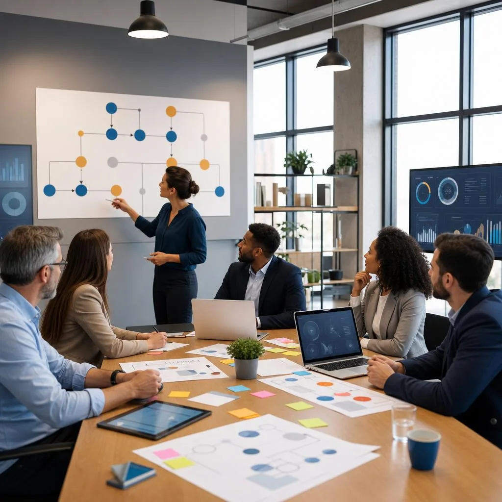 A professional consulting workshop in a modern bright office, diverse business consultants gathered around a large table with