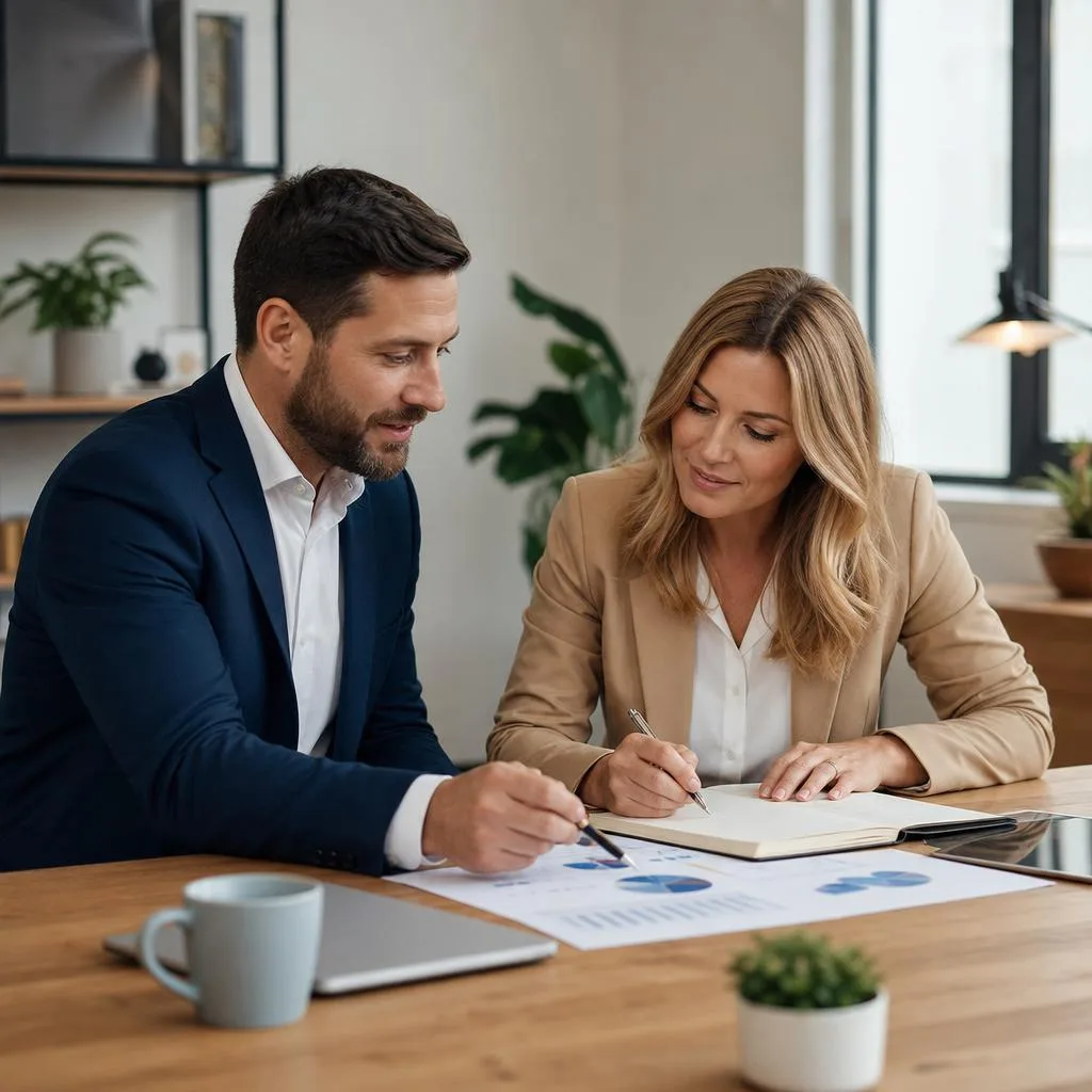 A professional scene of a confident business coach meeting with a small business owner in a bright modern office, reviewing c