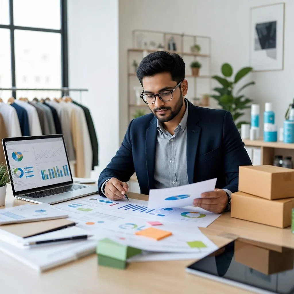 A professional business planning scene in a modern, bright office: a confident diverse entrepreneur reviewing a startup roadm