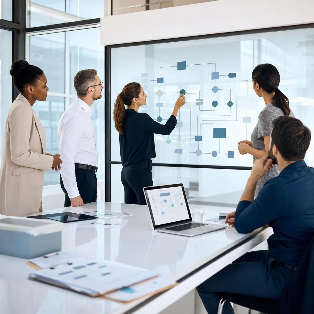 A professional modern office scene showing a diverse small business leadership team gathered around a large glass wall covere