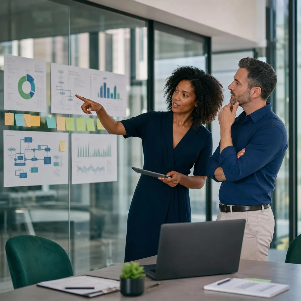 A professional business consulting session in a bright modern office, showing a diverse consultant and small business owner r